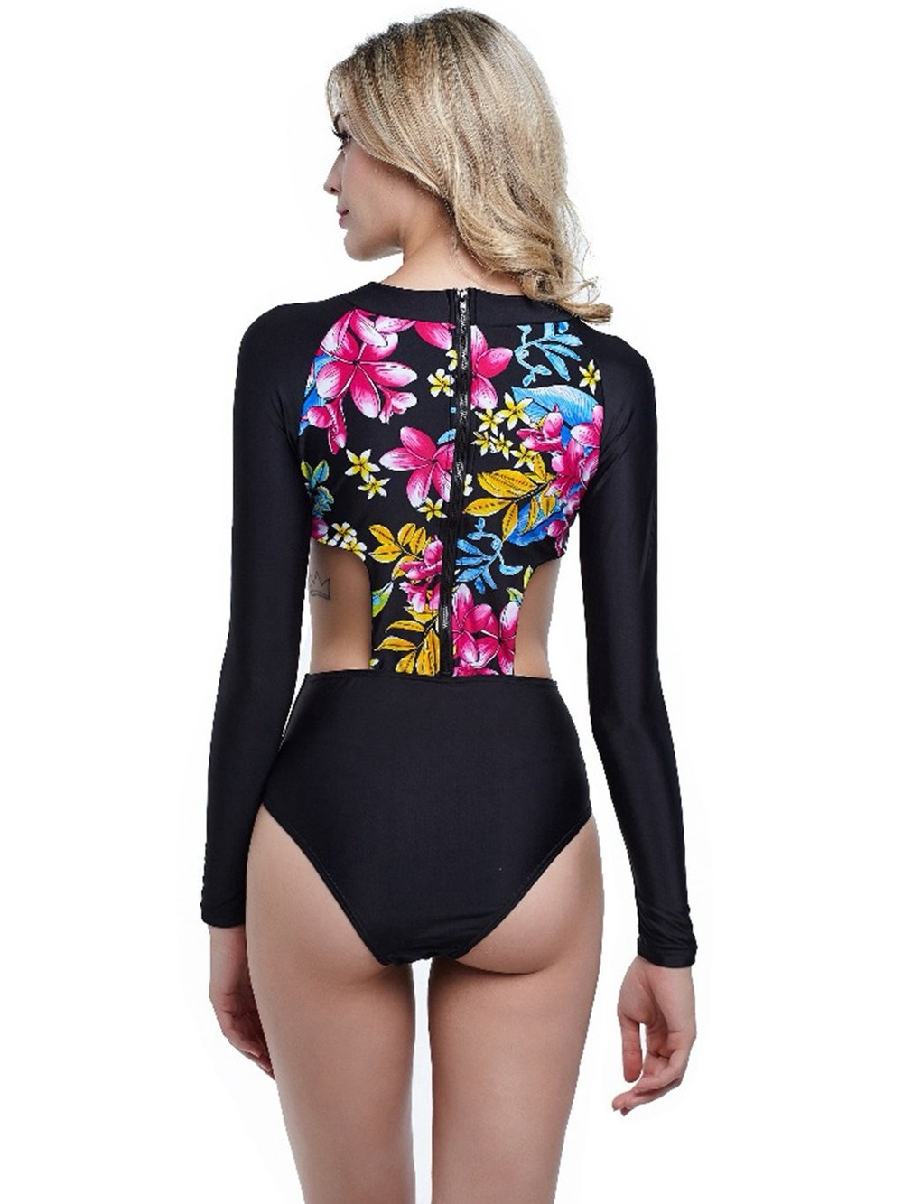 Multi Floral Flowery Print Long Sleeve Surfing One Piece Rah guard Swimsuit M